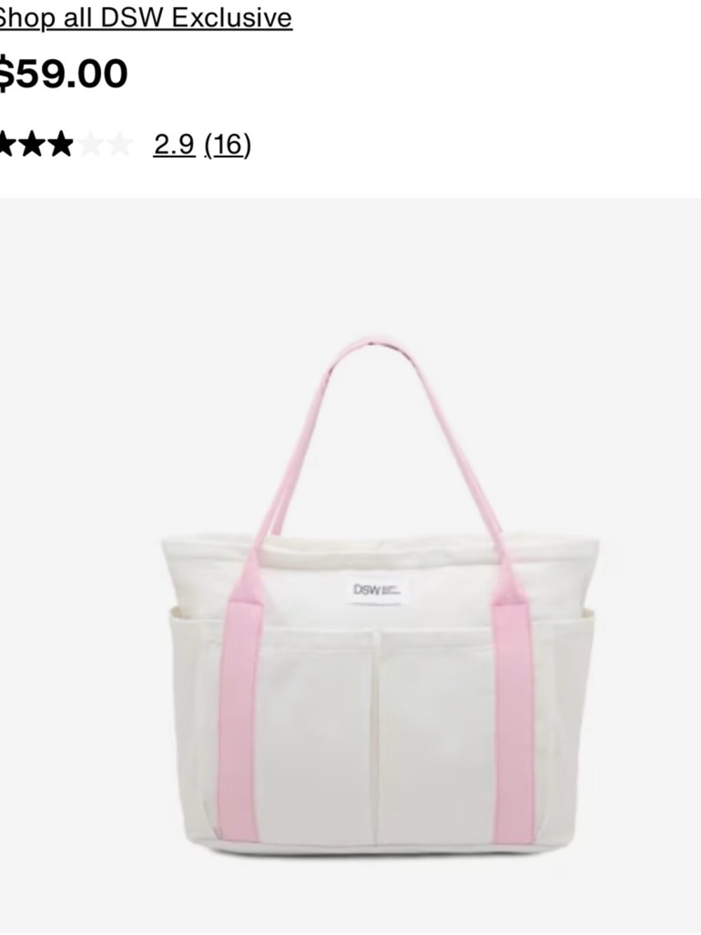 DSW White Canvas Tote Bag with Pink Straps